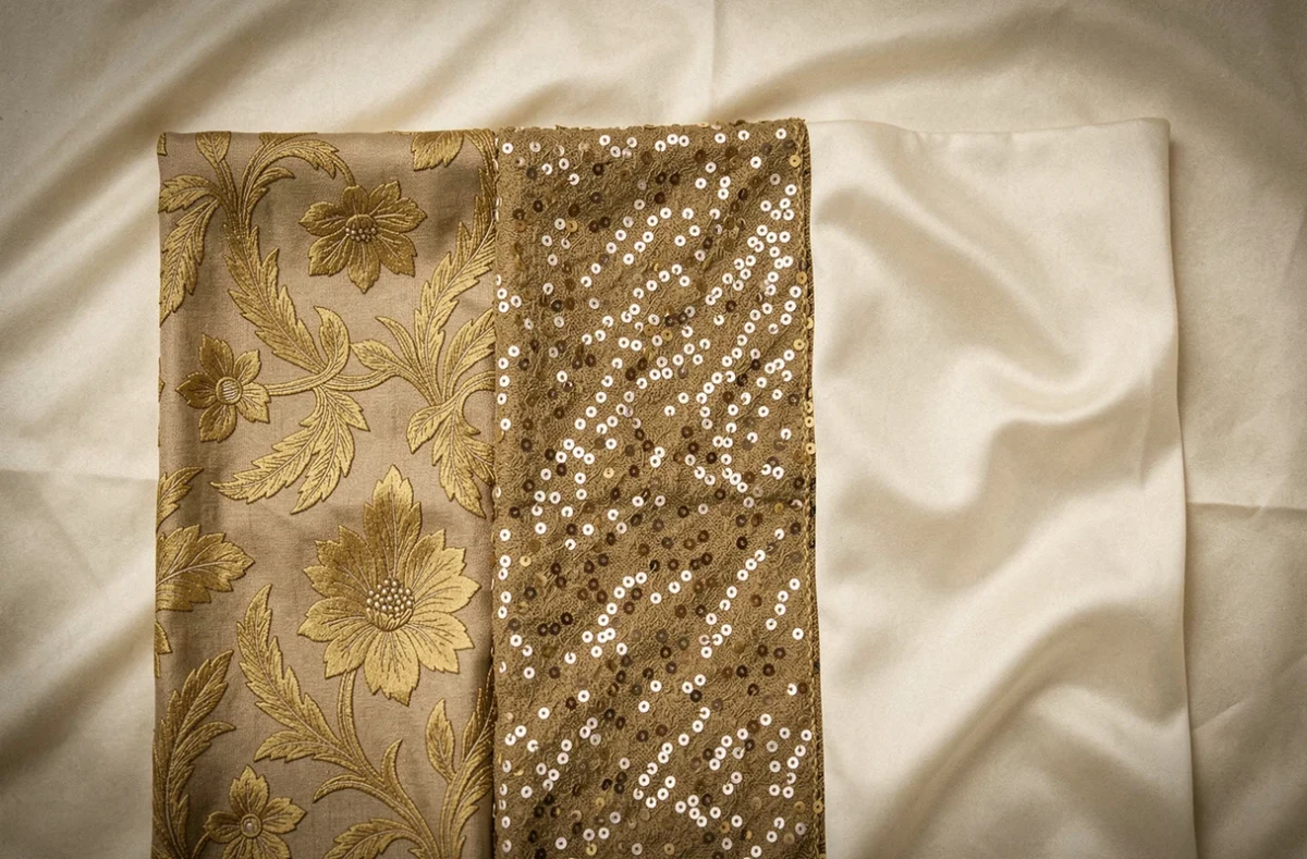 Détail des matières d'une robe de soirée dorée : brocart, sequins et satin duchesse sur drap de soie