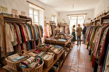 Intérieur d'une friperie provençale ensoleillée avec des portants colorés et des accessoires vintage dans le Var