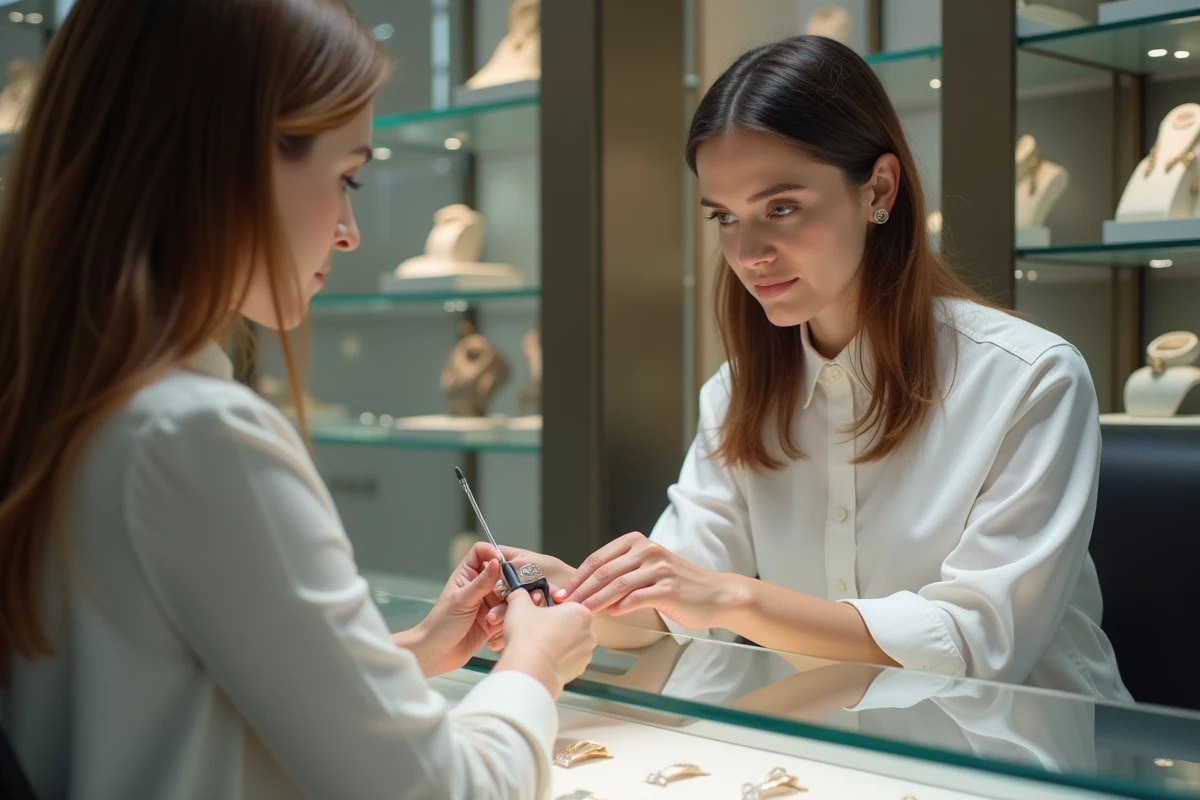 Employée d'une bijouterie mesurant le tour de doigt d'une cliente avec un outil de mesure professionnel pour choisir la bonne taille d'alliance
