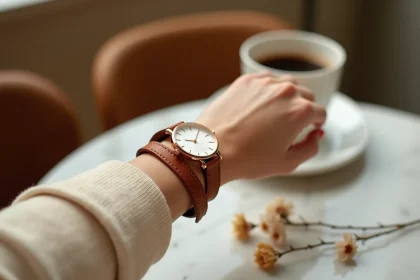 Montre double bracelet cuir cognac femme sur table de café parisien en marbre, style inspiré des bracelets Hermès