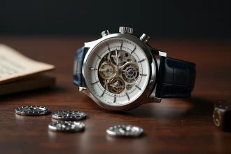 Montre mécanique de luxe à tourbillon en platine posée sur du bois de noyer avec catalogue de vente aux enchères