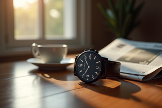 Montre noire élégante sur une table en bois reflet naturel