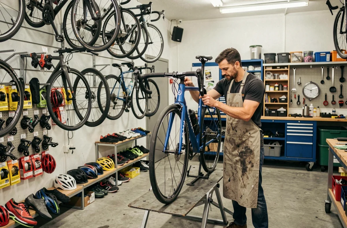 Mécanicien de Nico Vélos Dijon réglant le dérailleur d'un vélo de route sur un support d'atelier dans la boutique cycliste