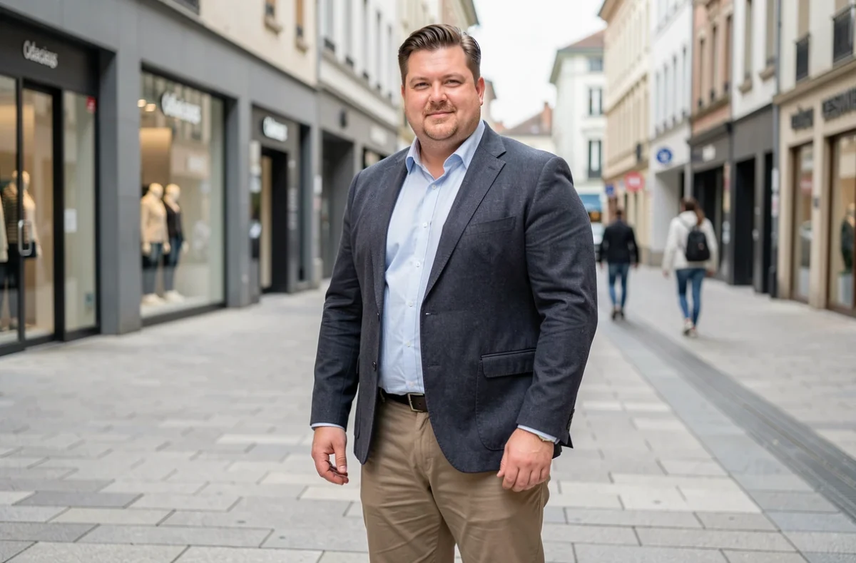 Homme grand et fort vêtu d'un blazer élégant de la marque Odacieux dans une rue commerçante près de Besançon