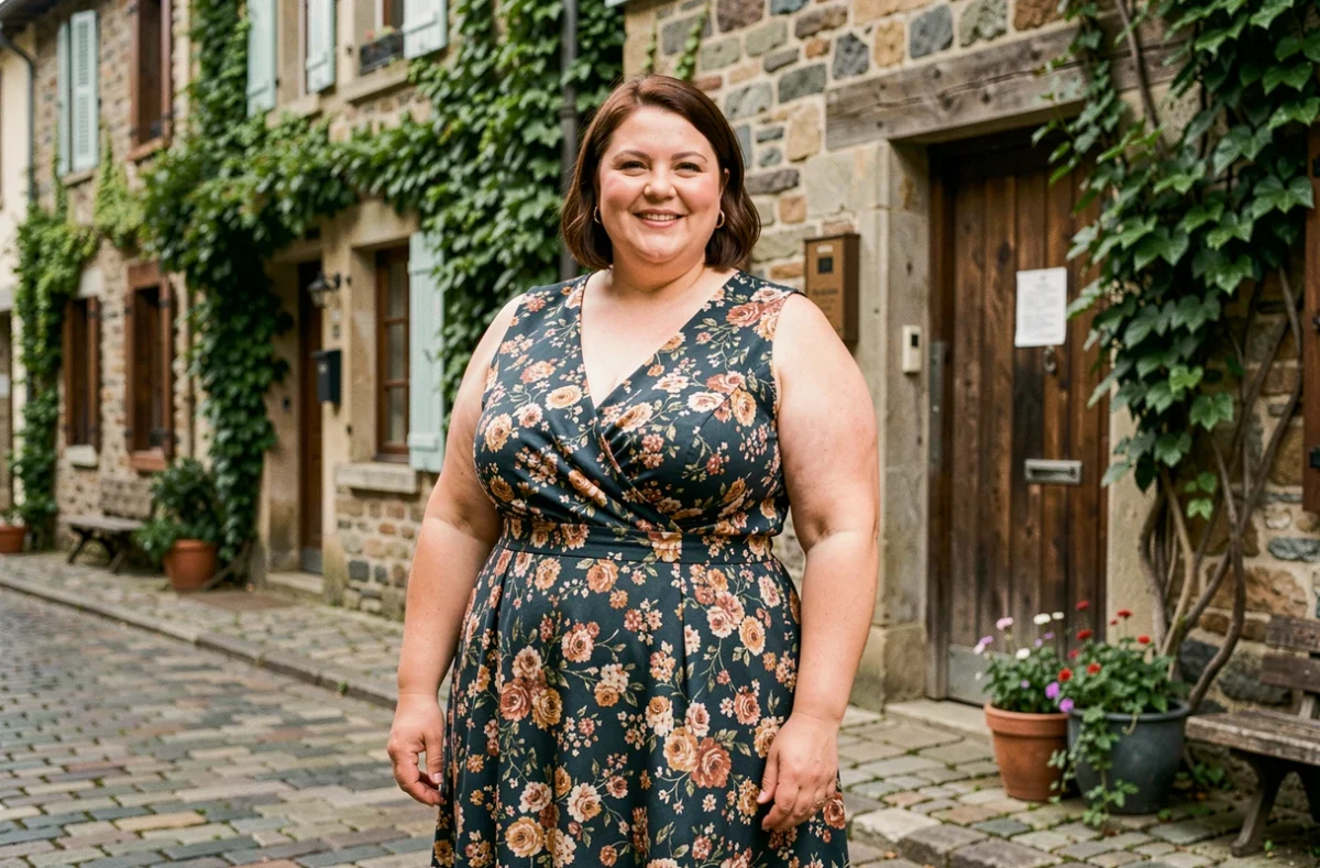 Femme ronde et souriante portant une robe fleurie devant une boutique Odacieuze à Dannemarie-sur-Crête
