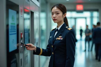 Jeune femme en uniforme militaire utilisant un badge au checkpoint