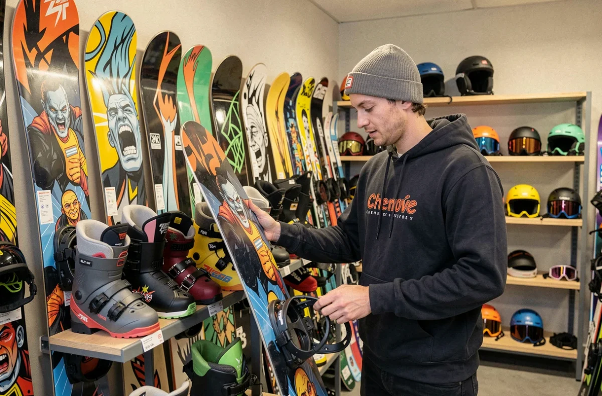 Employé d'OK Glisse Chenôve inspectant un snowboard dans la boutique de sports de glisse, entouré de planches et équipements