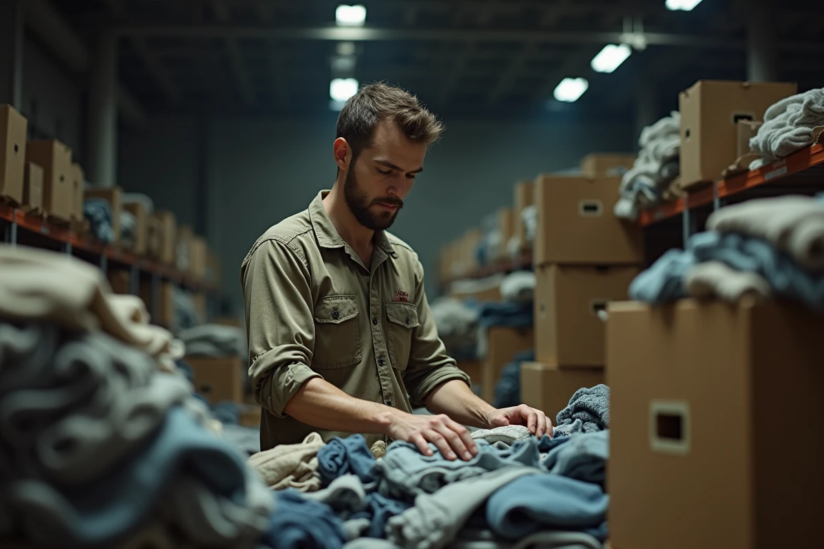 Ouvrier dans un entrepôt triant des vêtements de mode rapide usés