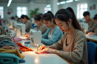 Groupe d'ouvriers textiles travaillant à la couture en usine