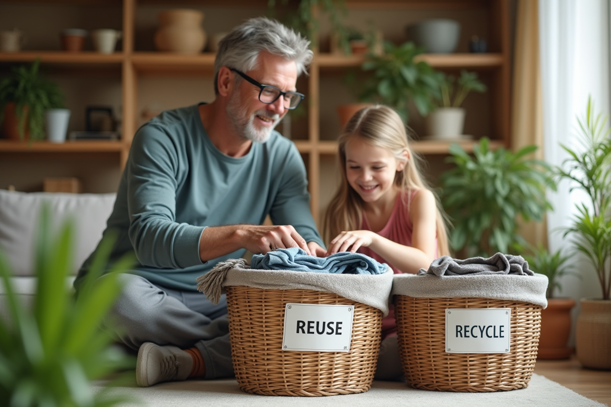 Père et fille triant des vêtements durables dans un salon lumineux