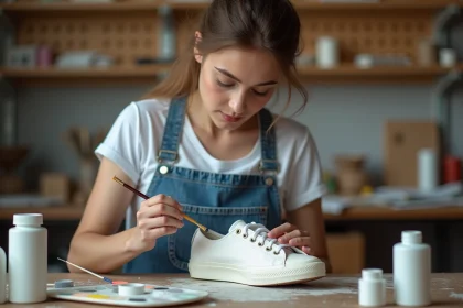 Jeune femme appliquant de la peinture blanche pour sneakers sur une chaussure canvas avec un pinceau fin sur un établi d'atelier