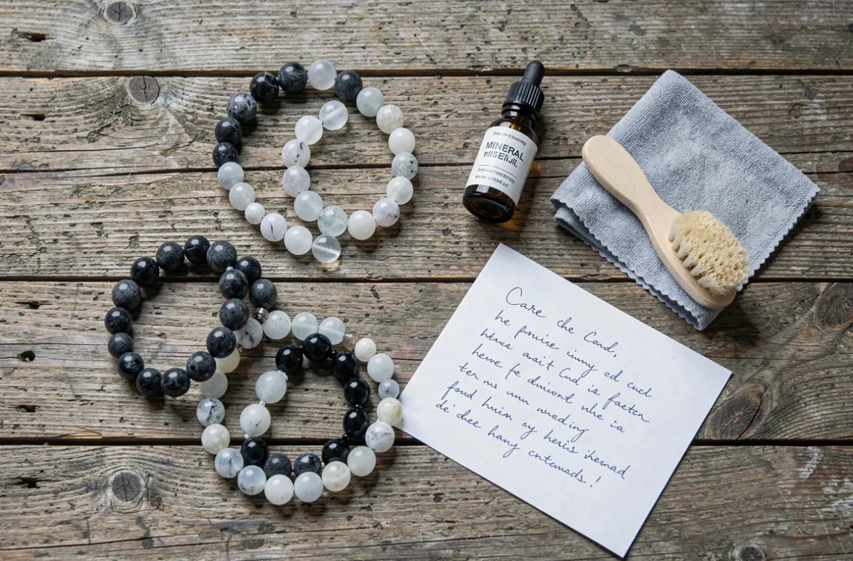 Pose à plat de bracelets en pierres naturelles pour homme avec accessoires d'entretien sur bois brut
