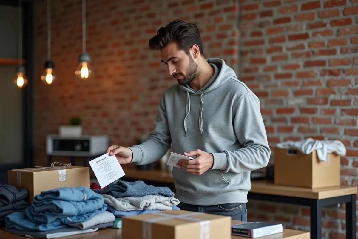 Homme préparant des colis de vêtements d'occasion pour expédition via Sellpy