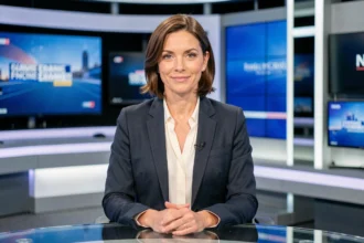 Présentatrice de télévision en studio face caméra, illustrant le regard médiatique porté sur les femmes journalistes