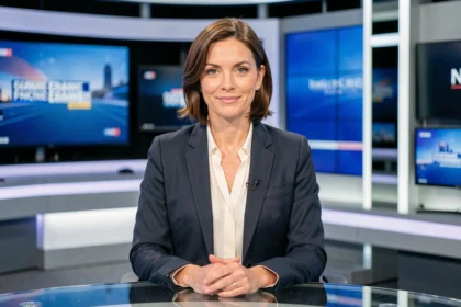 Présentatrice de télévision en studio face caméra, illustrant le regard médiatique porté sur les femmes journalistes