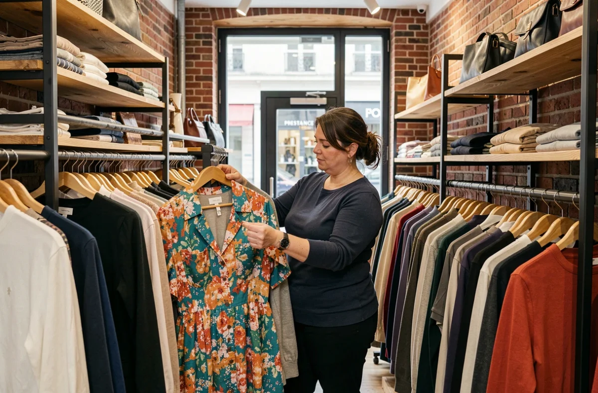 Femme ronde feuilletant un portant de vêtements multimarques à la boutique Prestance à Dijon