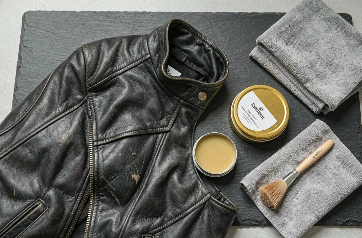 Vue de dessus d'une veste en cuir moto avec boîte de cire ouverte, brosse en crin et chiffon microfibre pour l'entretien du cuir