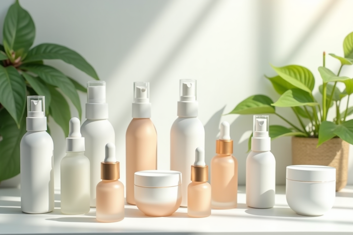 Gamme de produits koreens de soin sur une table blanche avec plantes