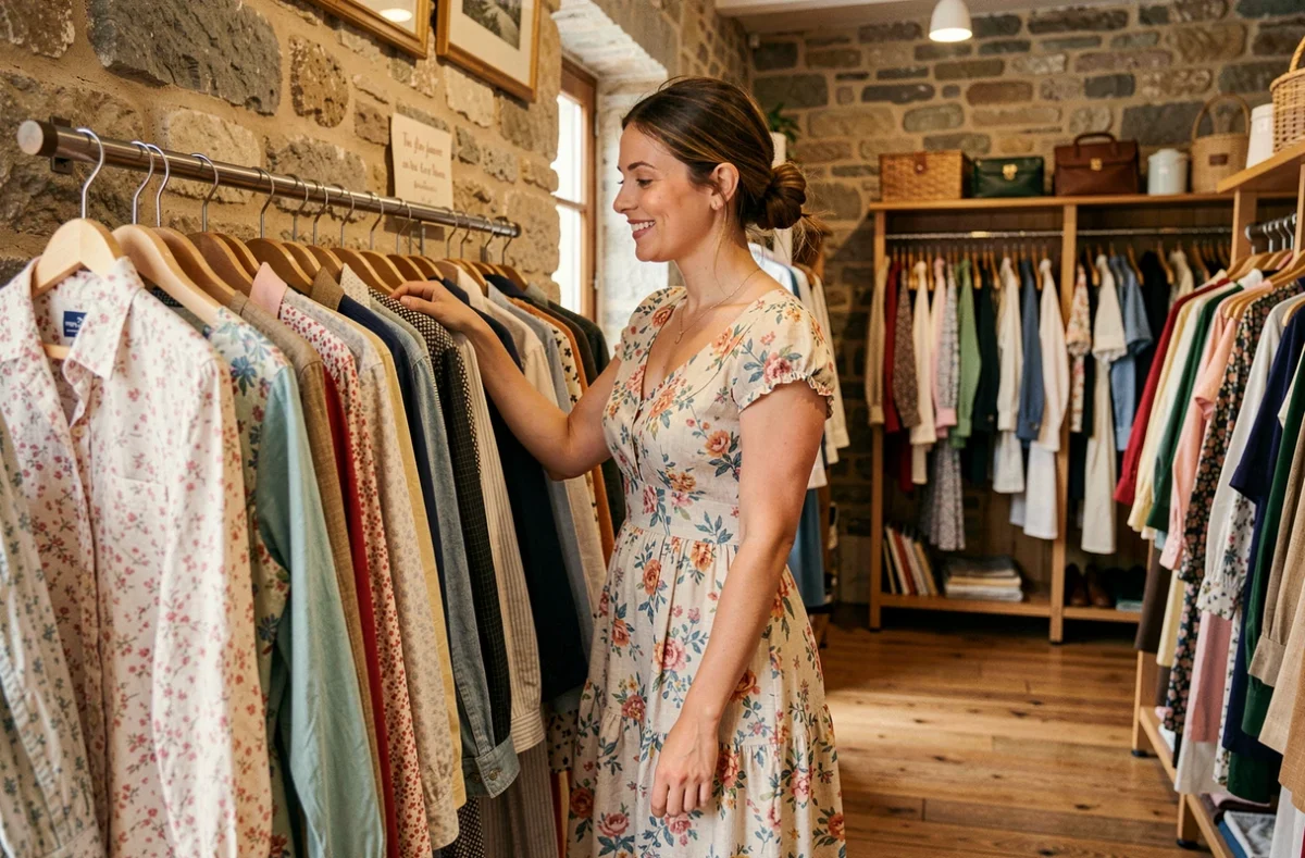 Cliente parcourant les vêtements vintage soigneusement organisés chez Resett Vintage à Saint-Raphaël