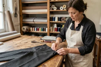 Couturière en atelier épinglant l'ourlet d'un pantalon en laine pour une retouche professionnelle