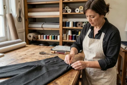Couturière en atelier épinglant l'ourlet d'un pantalon en laine pour une retouche professionnelle