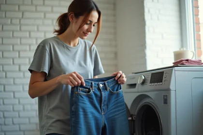 Femme pliant un jean en denim indigo dans une buanderie moderne après un lavage en machine pour le faire rétrécir