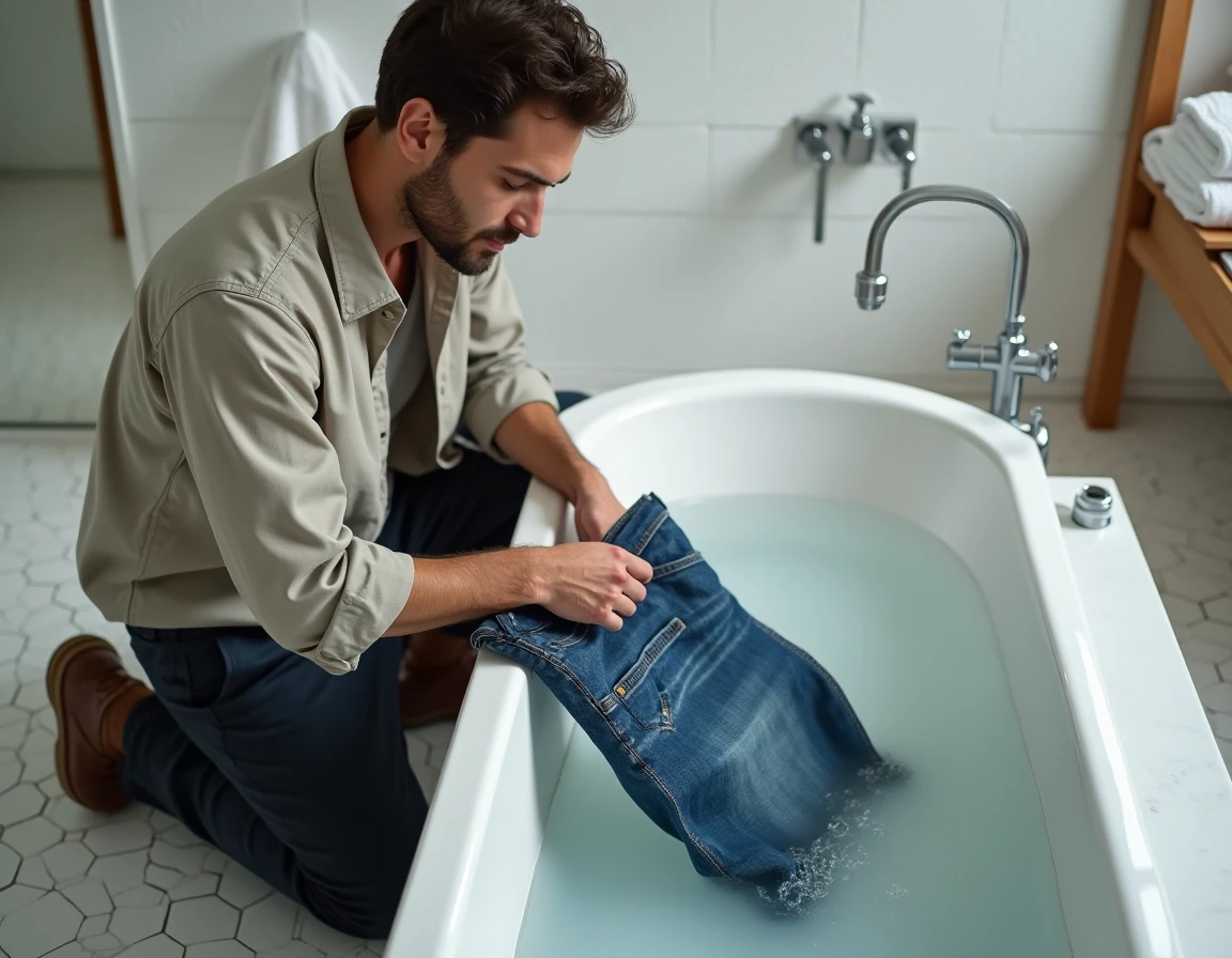 Homme faisant rétrécir un jean à la main en le plongeant dans un bain d'eau chaude dans une salle de bain