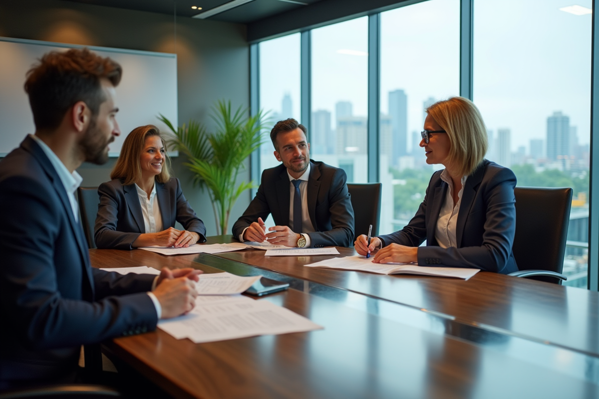 Groupe de professionnels en réunion dans une salle élégante