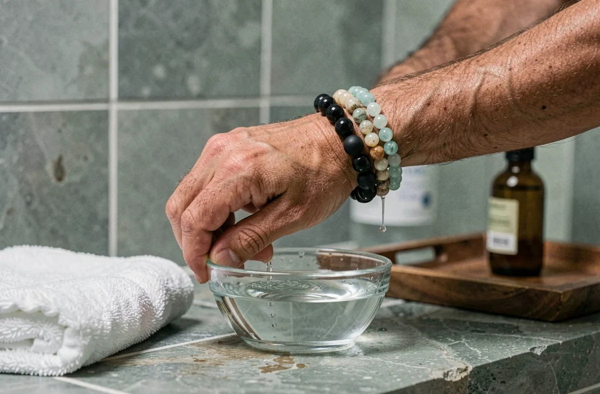 Rinçage délicat d'un bracelet en pierre onyx et amazonite pour homme au-dessus d'un bol en verre