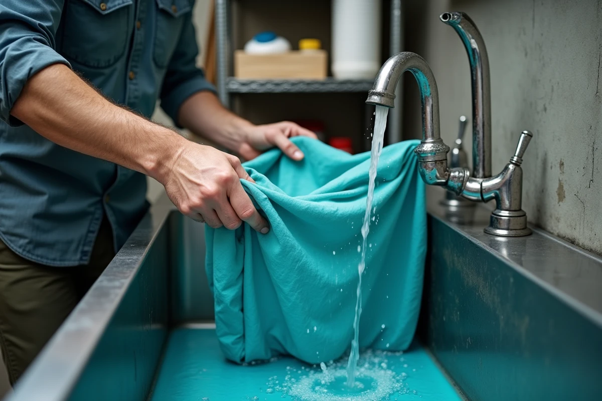 Homme rinçant un vêtement en polyester fraîchement teint en bleu sarcelle sous un évier utilitaire dans une buanderie