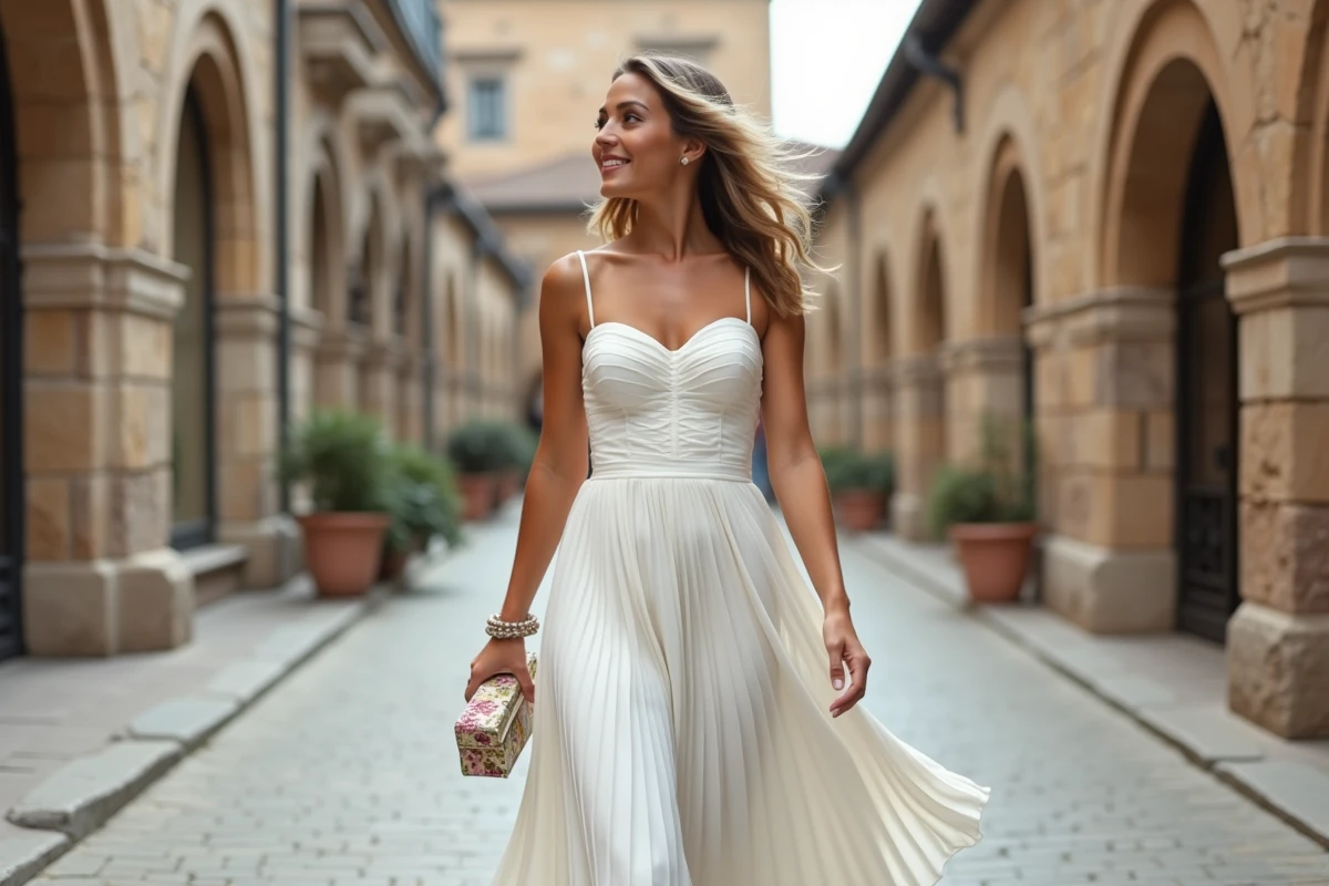 Femme en robe blanche mi-longue structurée marchant sur une place pavée pour une cérémonie estivale