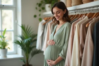 Femme enceinte en robe évasée vert sauge dans une boutique de vêtements maternité au style scandinave
