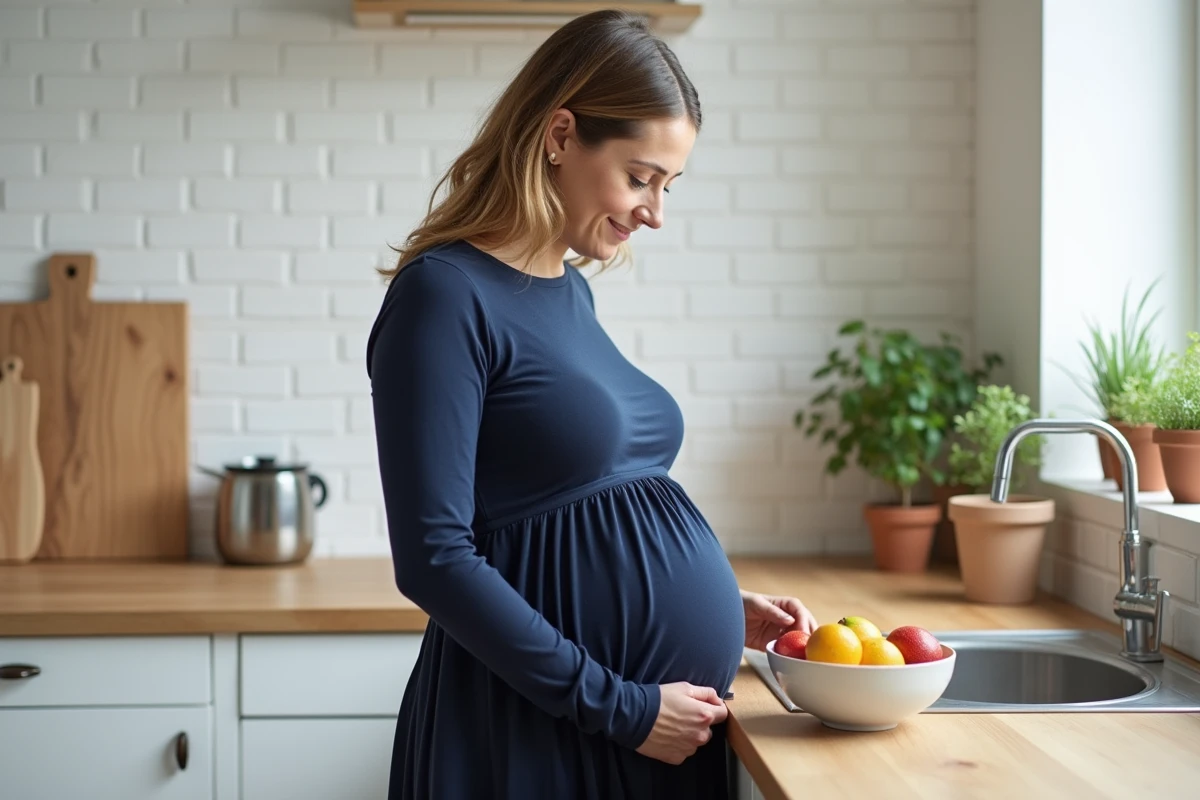 Femme enceinte en robe évasée bleu marine dans une cuisine moderne minimaliste arrangeant des fruits frais