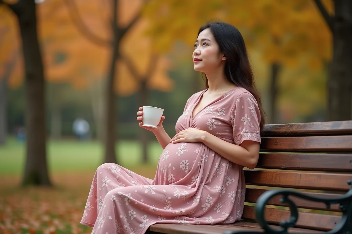 Femme enceinte en robe évasée à fleurs assise dans un parc en automne avec feuillage doré