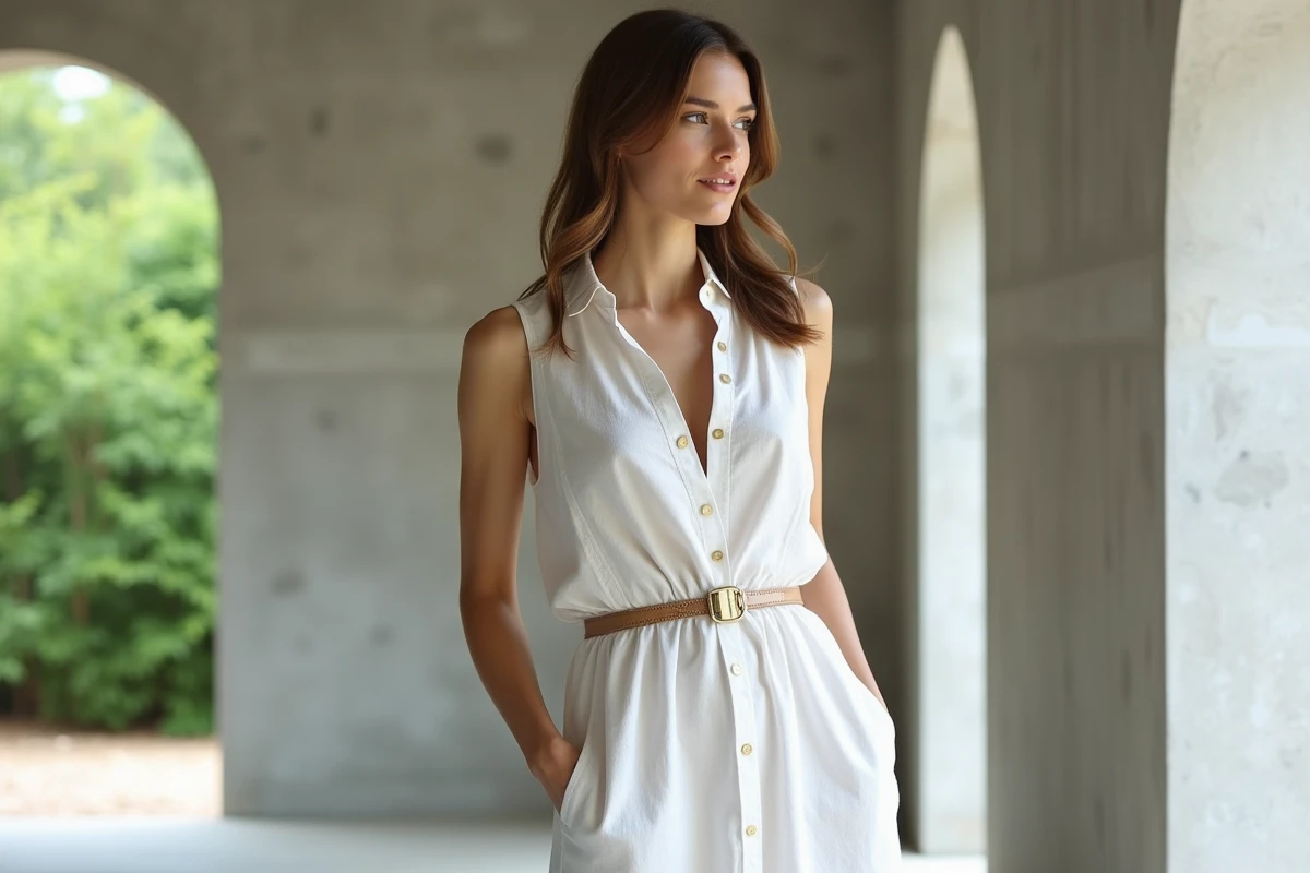 Femme en robe chemise en lin blanc avec ceinture dorée dans un espace moderne lors d'une cérémonie d'été