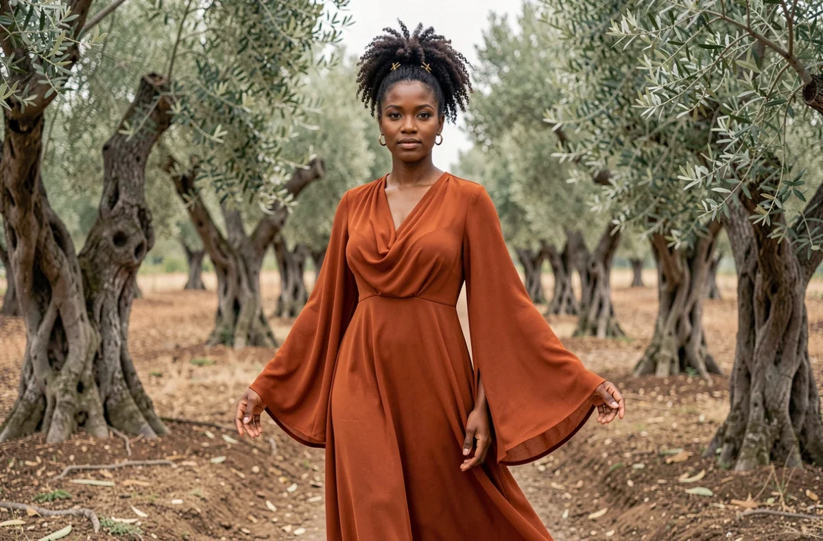 Femme à la carnation foncée portant une robe longue rouille en crêpe dans un oliveraie méditerranéenne, esthétique éditoriale naturelle