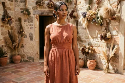 Femme à la carnation mate portant une robe longue terracotta en lin dans une cour provençale en pierre, style éditorial naturel
