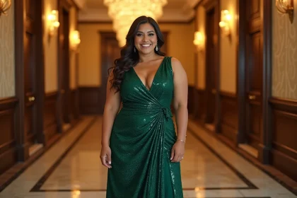 Femme grande taille en robe longue à sequins verts pour le Nouvel An dans un hôtel de luxe