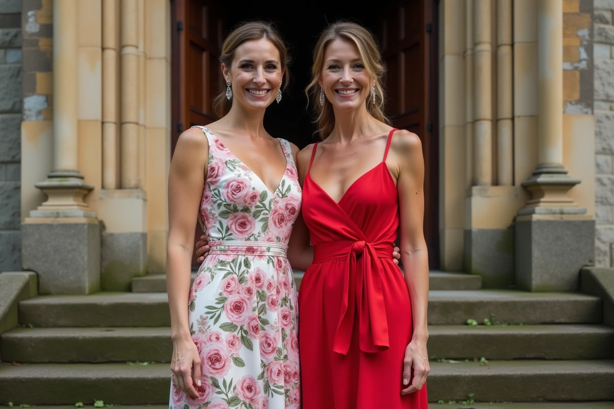 Deux invitées de mariage devant une église, l'une en robe rouge trop voyante illustrant une erreur de style fréquente