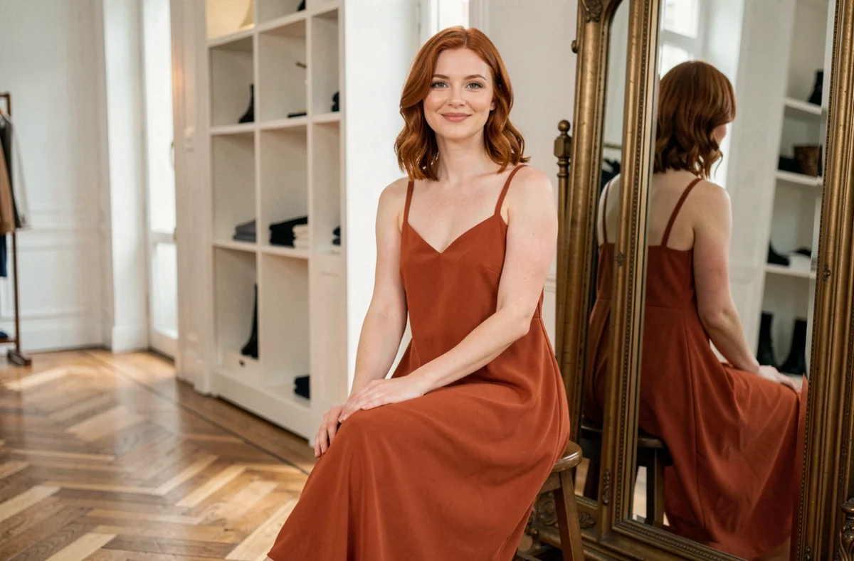 Femme rousse à la carnation claire en robe rouille longue assise dans une boutique parisienne style haussmannien, reflet dans miroir ancien