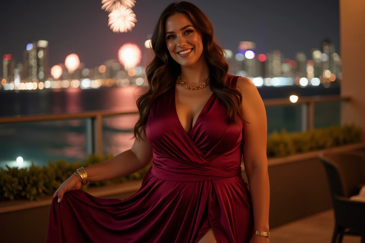 Femme grande taille en robe satinée bordeaux sur un rooftop pour célébrer le Nouvel An 2026