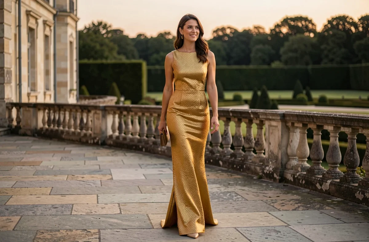 Femme en robe de soirée dorée en jacquard marchant sur la terrasse en pierre d'un château français