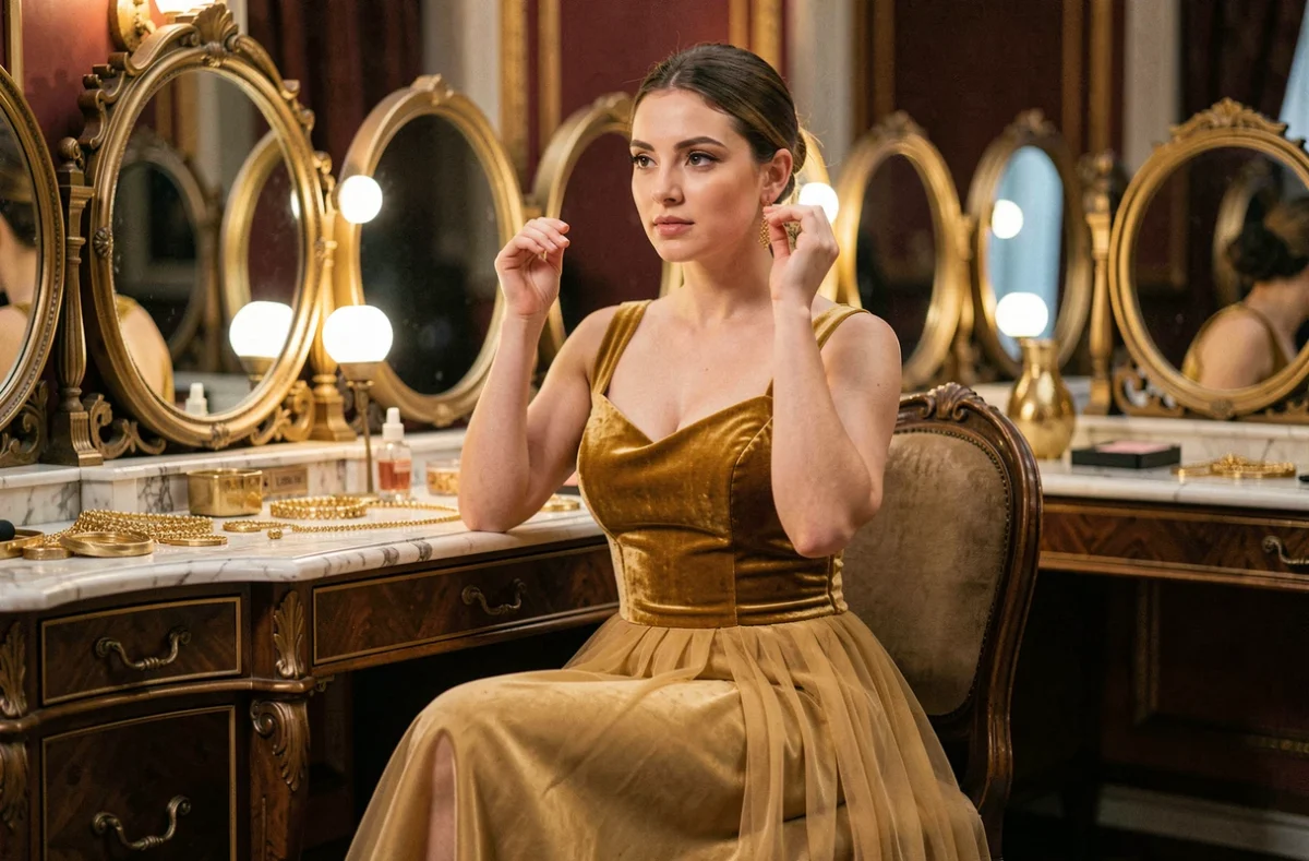 Robe de soirée dorée avec bustier en velours et jupe en mousseline dans une loge d'opéra luxueuse