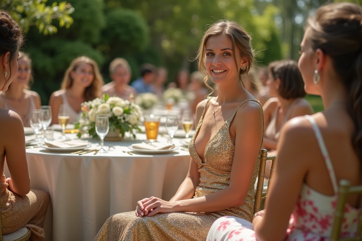 Invitée en robe de soirée dorée trop habillée lors d'un mariage champêtre en extérieur, erreur de code vestimentaire