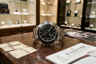 Rolex Daytona posée sur un bureau en noyer dans une boutique horlogère de luxe avec catalogue de prix