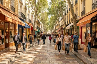 Rue commerçante animée de Marseille avec des boutiques colorées et des passants portant des sacs de shopping