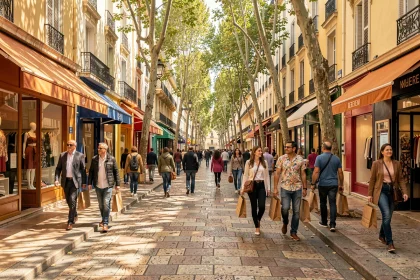 Rue commerçante animée de Marseille avec des boutiques colorées et des passants portant des sacs de shopping