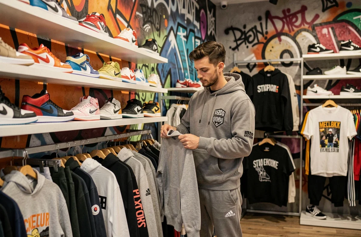 Vendeur de S2 Street & Sport Auxerre arrangeant des sweats à capuche dans une boutique urbaine aux sneakers exposées sur des étagères murales
