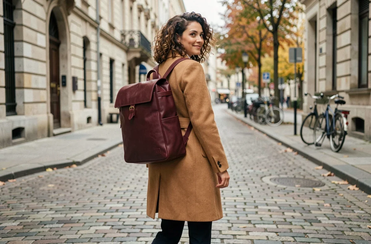 Femme portant un sac à dos en cuir bordeaux pour ordinateur portable en marchant dans une rue européenne pavée