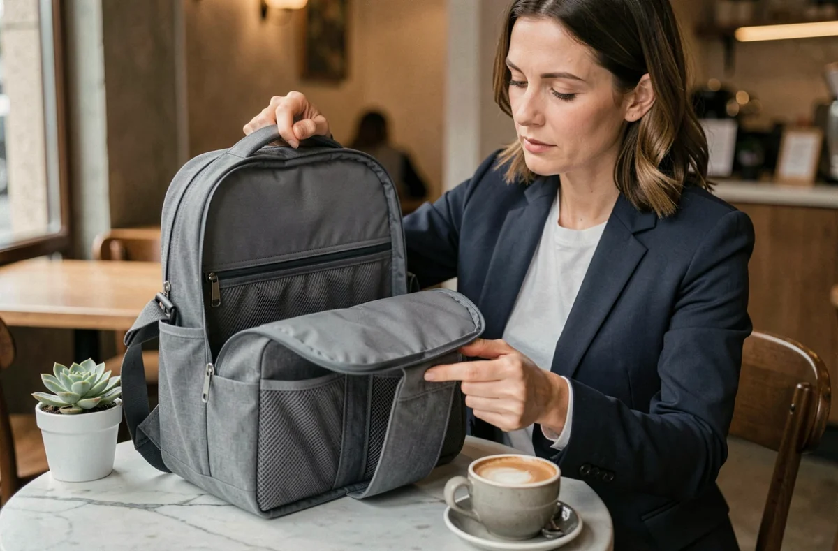Femme explorant les compartiments protecteurs d'un sac à dos technique pour ordinateur portable posé sur une table de café